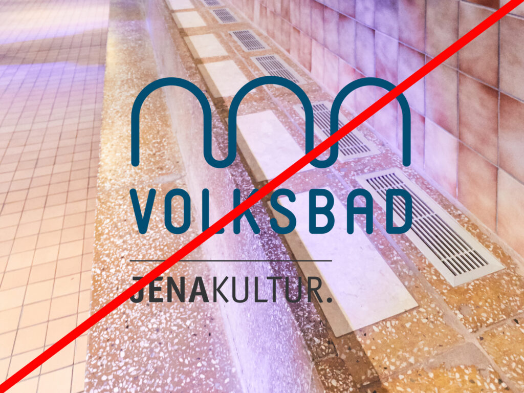 Blaues Volksbad-Logo liegt ĂĽber einem hellen Foto und wird durch einen roten Diagonalstrich verboten.
