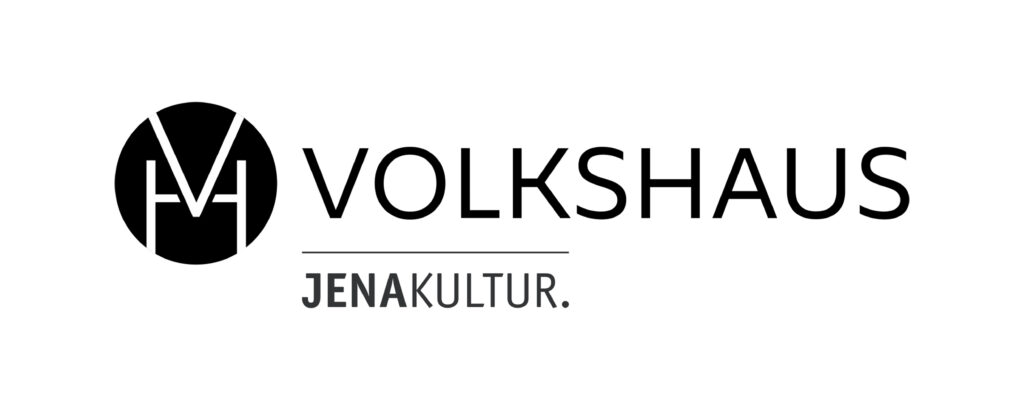 horizontales, schwarzes Volkshaus-Logo mit einem den Initialien der Einrichtung zusammengefassten Emblem