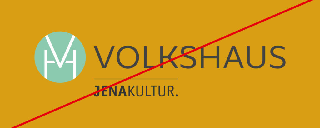 horizontales, Volkshaus-Logo mit einem den Initialien der Einrichtung zusammengefassten grĂĽnen Emblem auf einem gelben Hintergrund, was rot durchgestrichen ist