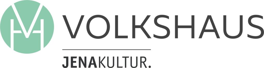 horizontales Volkshaus-Logo mit einem den Initialien der Einrichtung zusammengefassten grĂĽnen Emblem