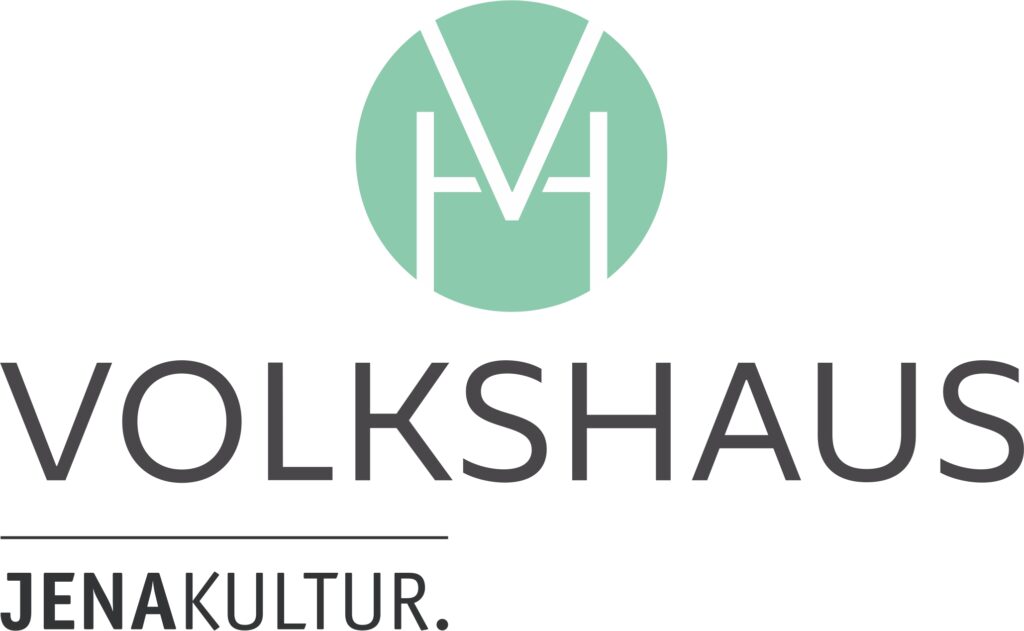 kompaktes Volkshaus-Logo mit einem den Initialien der Einrichtung zusammengefassten grĂĽnen Emblem