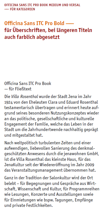 Überschiften in rot und orange gehalten und in Versalien, Fließtext in Pro Book