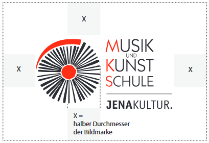 Musik- und Kunstschul Jena-Schriftzug mit schwarzen Buchstaben und Roten Anfangsbuchstaben, daneben befindet sich eine Art Kreis mit Strichen, darunter ein Trennstrich und eine Unterzeile "JENAKULTUR."