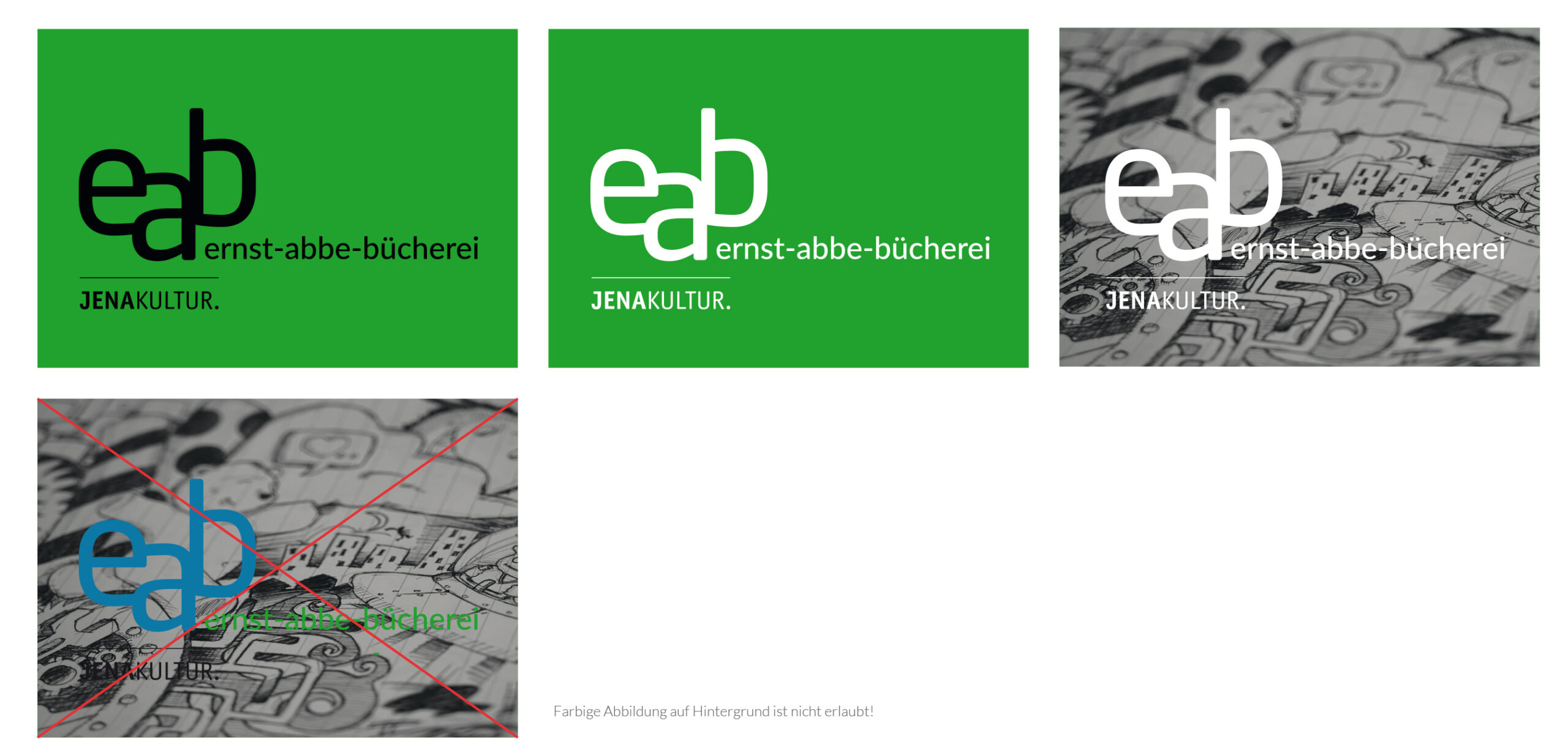 Anwendungsbeispiele des farbigen und der weißen EAB-Logos auf verschiedenen Hintergründen