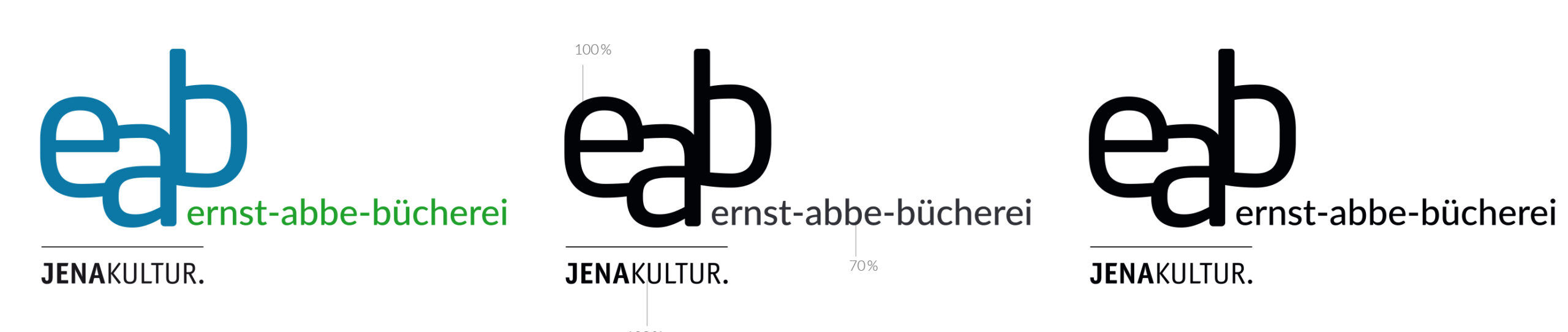 Drei Farbversionen des EAB-Logos mit Angabe der Transparenzen in monochromer Variante