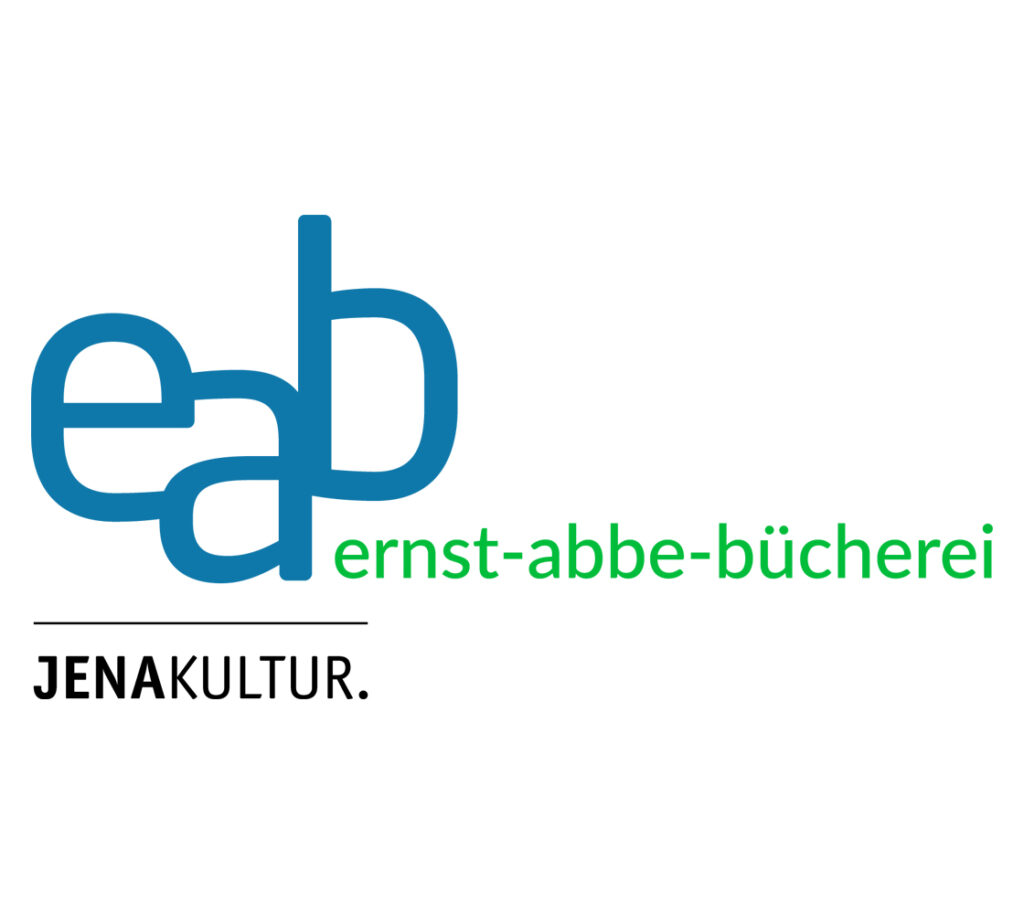 Wortbildmarke (Logo) der Ernst-Abbe-Bücherei Jena, blaues eab, grünes ernst-abbe-bücherei, schwarzer Zusatz JENAKULTUR.